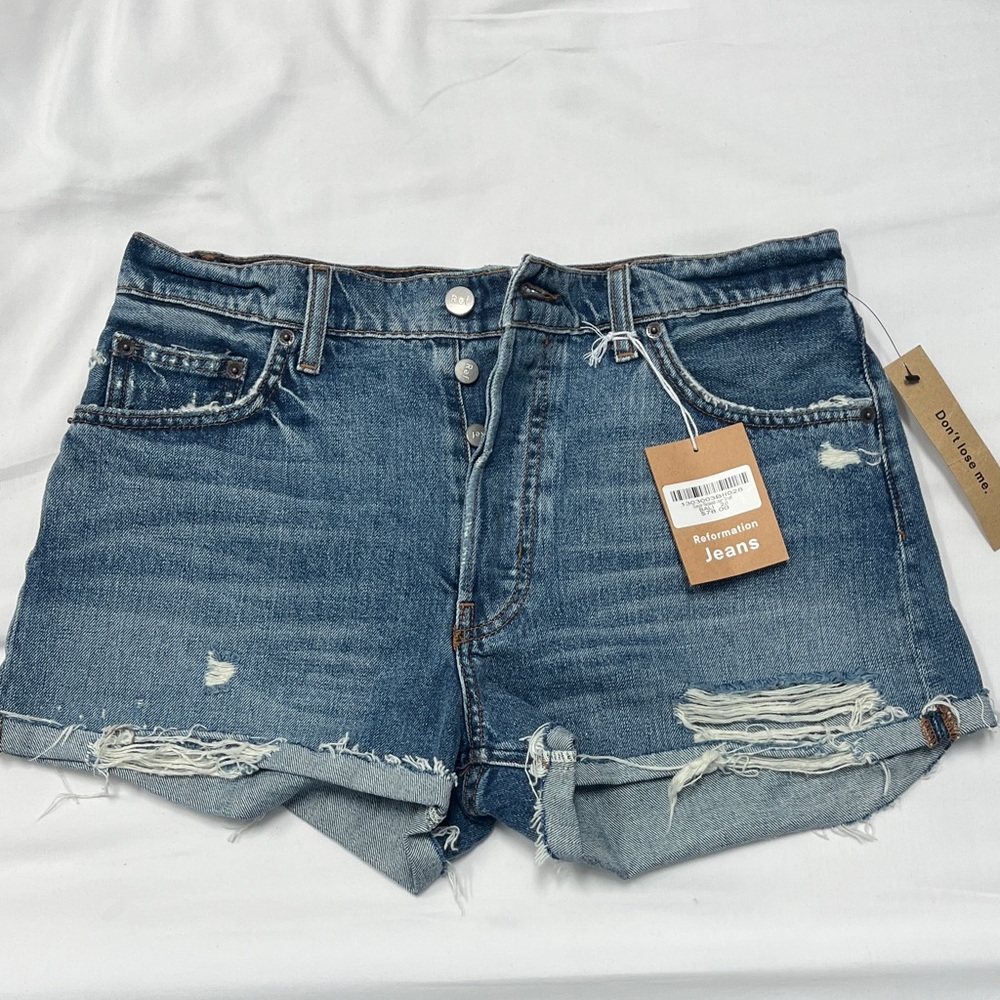 Reformation Distressed Blue Jean Shorts
